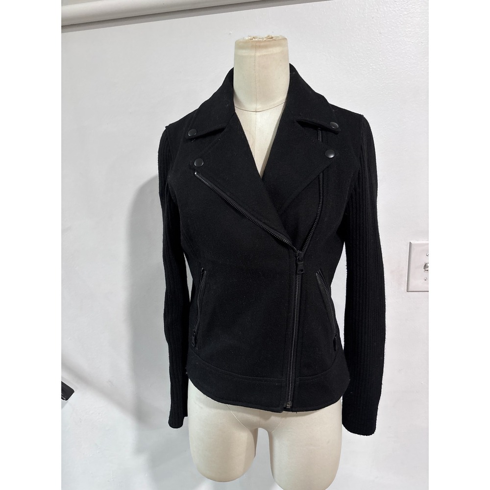 Banana Republic Black Wool Mixed Media Moto Jacket Ribbed Sleeves XS
